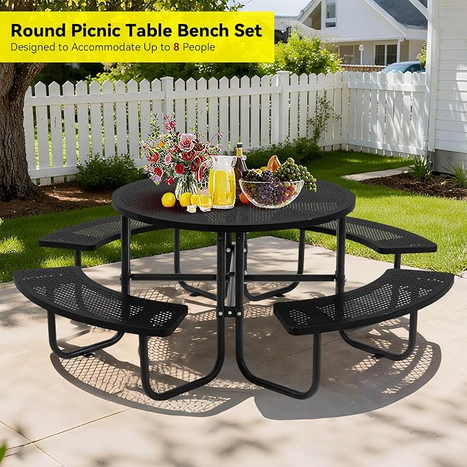 46" Round Heavy Duty Metal Picnic Table with 1.78" Umbrella Hole, Rustproof Coated Mesh Tabletop, Portable Round Outdoor Table for Patio, Lawn, Garden, Backyard & Camping, Black