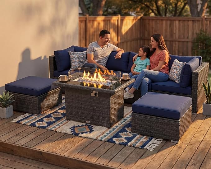 RADIATA 7 Piece Wicker Patio Furniture Set with Fire Pit, All-Weather Outdoor Sectional Couch High Back Large Size, Modular Backyard Seating Sofa Set with Propane/Natural Gas Firepit Table, Grey&Blue