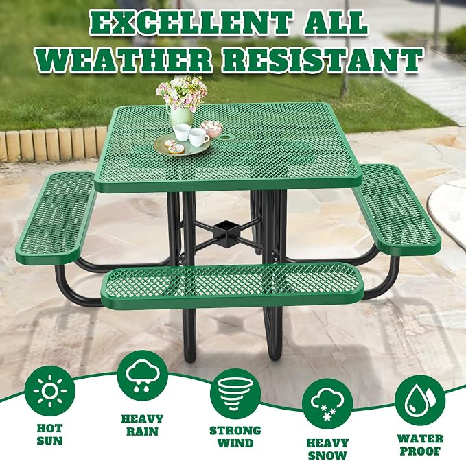 46IN Square Outdoor Picnic Table with Attached Seats, Heavy-Duty Metal Expanded Mesh Patio Table, 1600LBS Load Capacity Commercial-Grade Table for Park, Backyard, Deck, Green