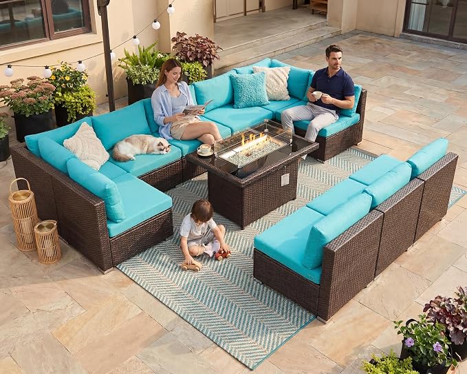 NICESOUL 11 Piece Outdoor Furniture Set with Fireplace, Luxury 10-Seats Patio Sectional Sets, 29.3'' High-Back Backyard Seating Area, All-Weather Wicker Couch Sofa Modular, Brown & Teal