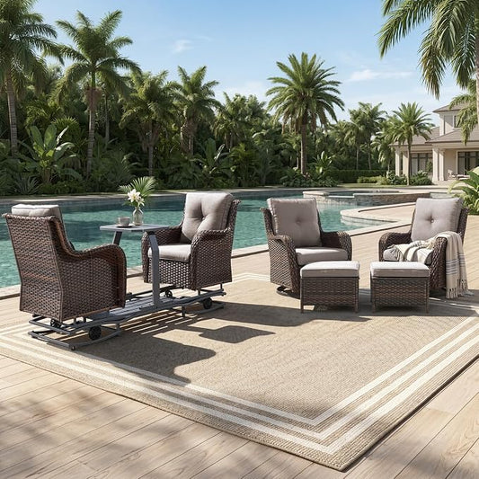 Rilyson Luxury Wicker Outdoor Conversation Set with Glider Rocker Chairs, 5 Pieces Patio Furniture Set with Rattan Swivel Rocker Chairs and Ottomans All Weather Brown/Beige