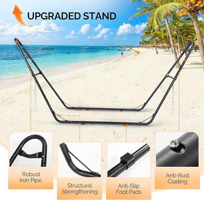 ONCLOUD Double Hammock with Stand for Outside, Rope Hammock with Pillow and Pad, Heavy Duty Hammock Set for Backyard, 550 LBS (Grey)