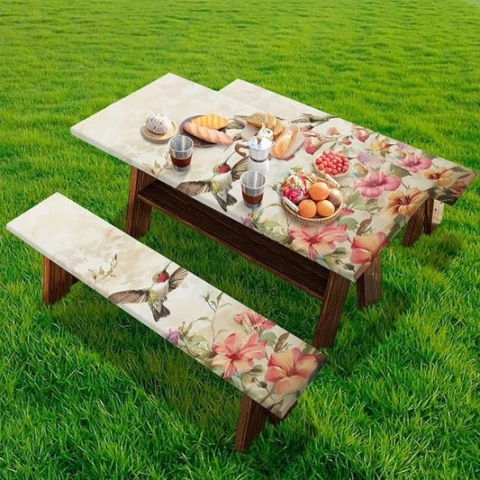 Hummingbird Picnic Table Cover with Bench Covers Elastic Fitted Water Resistant Windproof Tablecloth with Storage Bag - 94x30 Inches 3Pcs Set Patio Table Cover for Outdoor Camping Garden