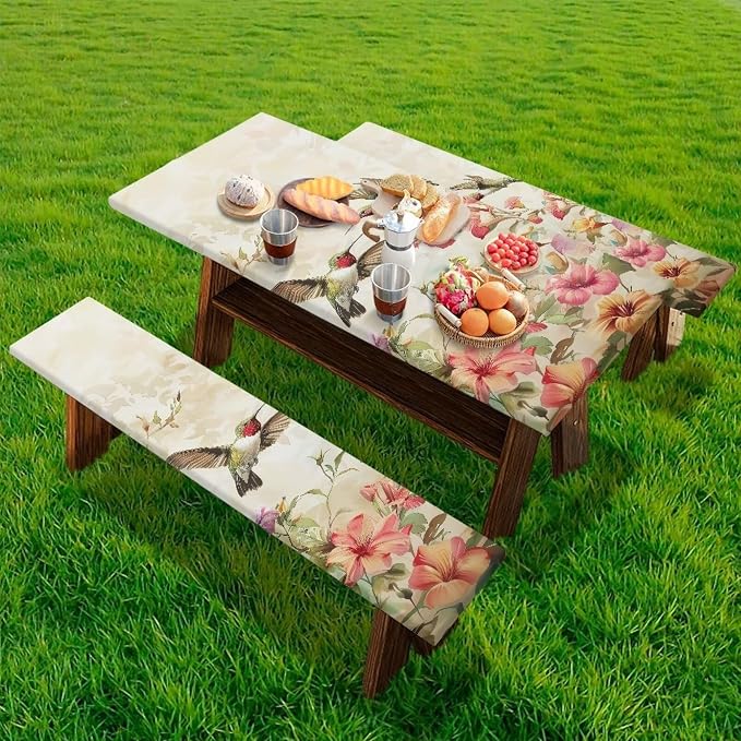 Hummingbird Picnic Table Cover with Bench Covers Elastic Fitted Water Resistant Windproof Tablecloth with Storage Bag - 72x30 Inches 3Pcs Set Patio Table Cover for Outdoor Camping Garden