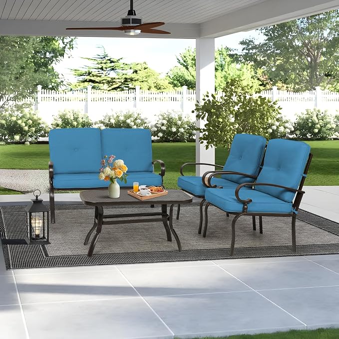 4Pcs Outdoor Furniture Metal Patio Conversation Sets, Loveseat, 2 Patio Dining Chairs with Coffee Table, Metal Frame Chair Set (Peacock Blue)