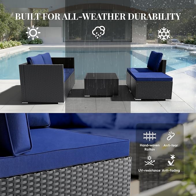 WWR Patio Furniture Set 5 Piece - Wide Armrests - All-Weather Wicker Rattan Outdoor Conversation Couch Sets, Modular Sectional Sofa for Garden, Patio, Poolside, Backyard, Balcony, Porch