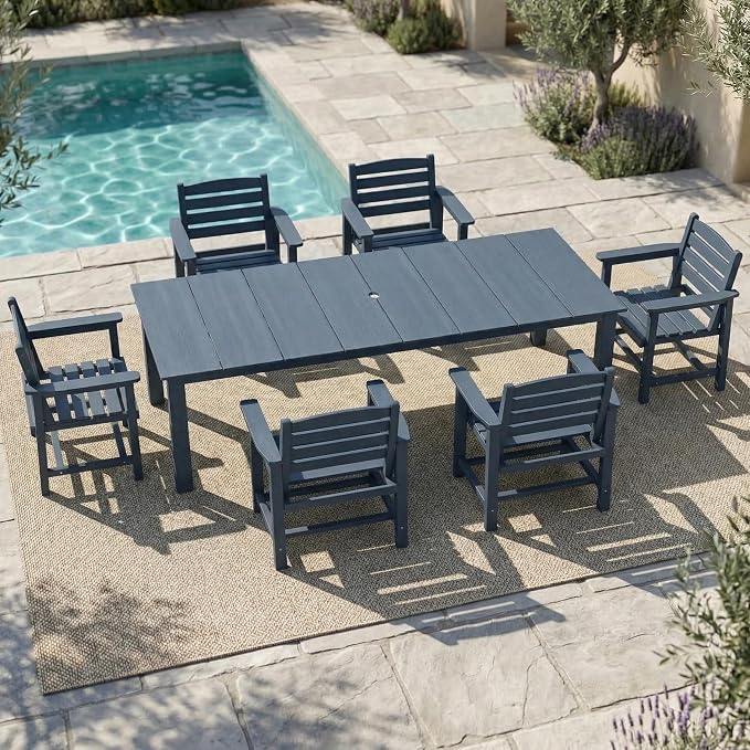 Kingdura 7 Piece Patio Dining Set for 6, 75.2'' HDPE Outdoor Dining Table Set with 2" Umbrella Hole, Weather-Resistant Outdoor Furniture, Table and Chairs Set for Backyard Pool Garden, Navy Blue