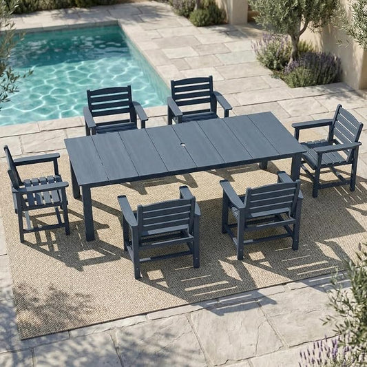 Kingdura 7 Piece Patio Dining Set for 6, 75.2'' HDPE Outdoor Dining Table Set with 2" Umbrella Hole, Weather-Resistant Outdoor Furniture, Table and Chairs Set for Backyard Pool Garden, Navy Blue