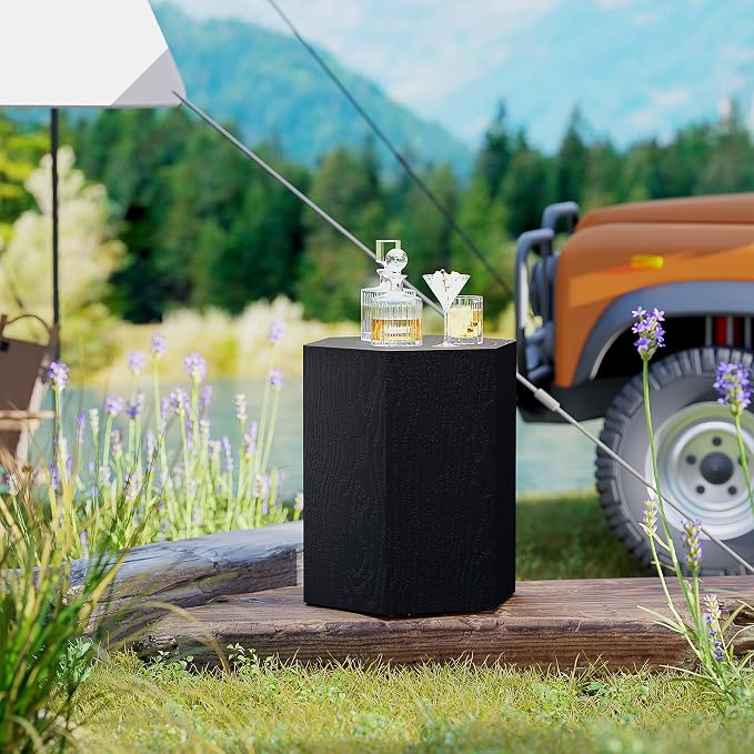 HOMCOM Concrete Finish Side Table, Lightweight Accent Table, 17" Patio Hexagonal Stump End Table with 4 Adjustable Feet for Indoor, Outdoor, Black Wood Grain