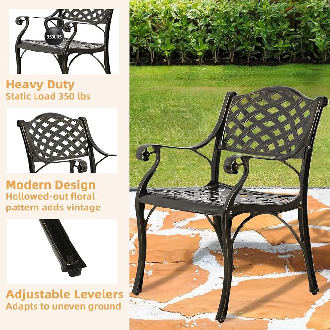 9-Piece Patio Furniture Dining Set, All Weather Cast Aluminum Outdoor Conversation Set- 8 Chairs & 61" Round Patio Dining Table with Detachable Lazy Susan, 2" Umbrella Hole, Dark Bronze