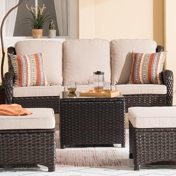 ovios Outdoor Side Table with Tempered Glass Top, Patio Wicker Coffee Table, Rattan Bistro End Table for Porch Deck Balcony Garden Poolside, Brown