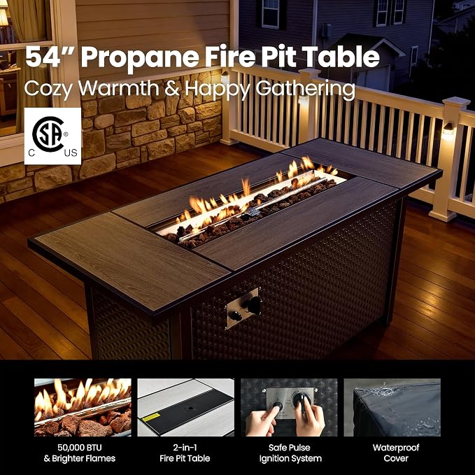 10 Piece Wicker Patio Furniture Set with Firepit, Dark Gray | High Back Swivel Rocker Chairs, 54-inch Fire Pit, Outdoor Sofa Ottoman Solar Lights Table, Conversation Sets, Deck Backyard