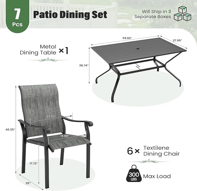 UDPATIO 7 Piece Patio Dining Set for 6, Patio Outdoor Table and Chairs, 59"×38" Black Table with Umbrella Hole, Gray Patio Chairs Set of 6, Patio Outdoor Dining Set for Lawn, Backyard, Deck