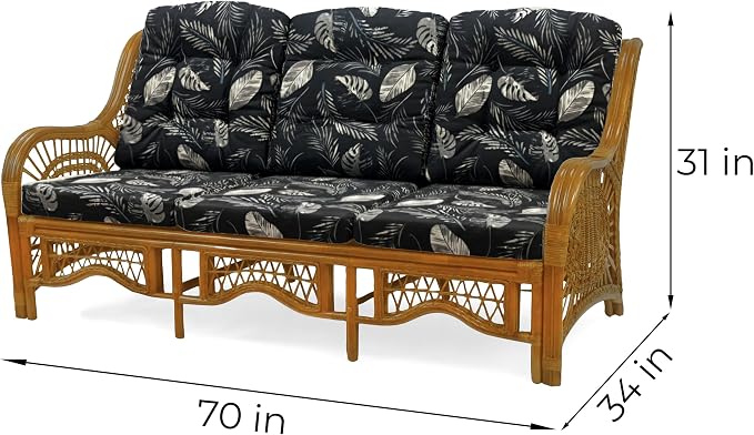 Malibu Lounge Set of 4: 2 Natural Rattan Wicker Chairs, Three-Seater Sofa and Coffee Table with Glass Handmade, Colonial Color with Black Leaf Cushions