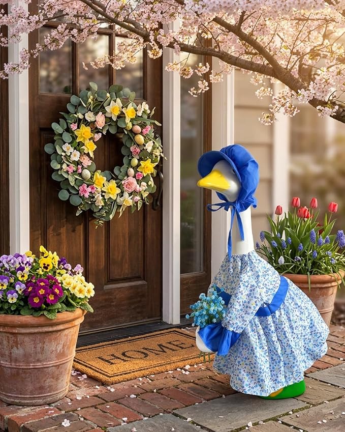 Spring Porch Goose Lady Outfits with Artificial Flowers - 23" Floral Dress Lawn Geese Clothes with Hat, Cute Porch Goose Summer Outfits for Patio Garden Decor, Best Gift for Mom Grandma