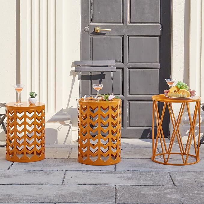 Y&M Set of 3 Stacking Coffee Table for Living Room, Patio Side Table,Indoor End Tables for Bedroom, Outdoor Decorative Garden Stool with Heavy Duty Metal Frame Modern Industrial Decor - Orange