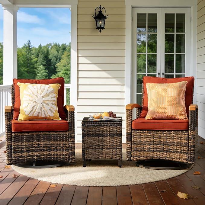 MEISSALIVVE 3 Piece Outdoor Swivel Rocking Chairs, Patio Furniture Bistro Set with 360° Wood Armrests Swivel Glide Chairs and Side Table for Deck Yard and Poolside (Red)