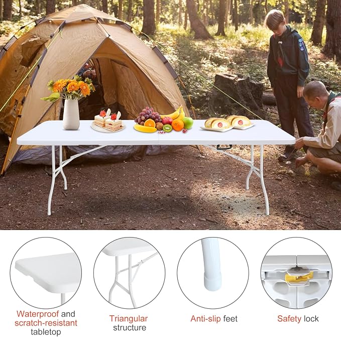 Portable 8Ft Folding Table, Heavy Duty Plastic Fold-in-Half Utility Foldable Dining Table, Multi-Purpose Plastic Folding Table with Carrying Handle for Camping and Party Indoor/Outdoor (White)