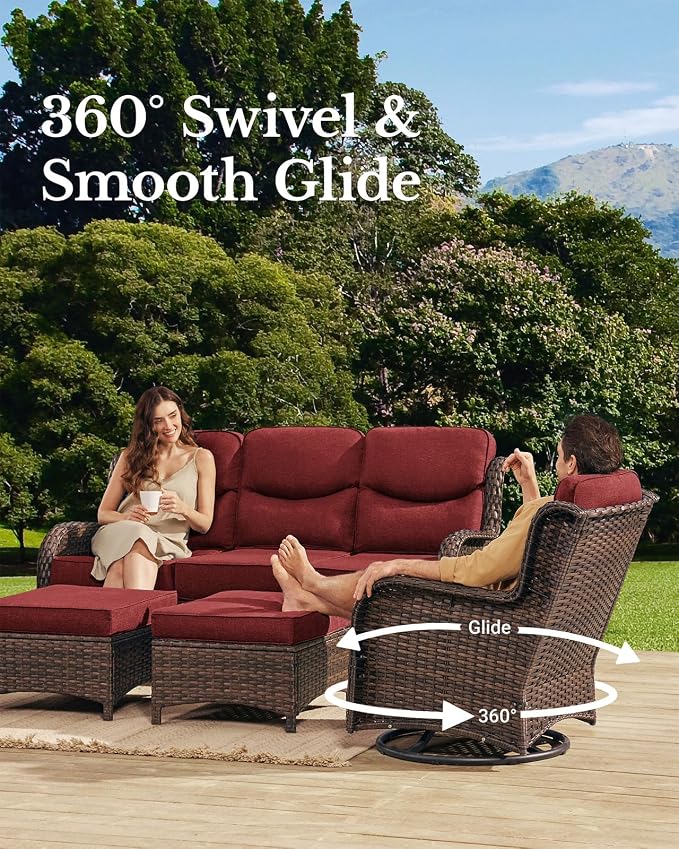 HILLGA Luxury High Back Patio Furniture Set with 6-Inch Thick Cushion, 8-Piece Outdoor Conversation Set with Sofa, Swivel Rocker Chairs & Ottomans, Ideal for Porch Pool Deck Yard (Burgundy)