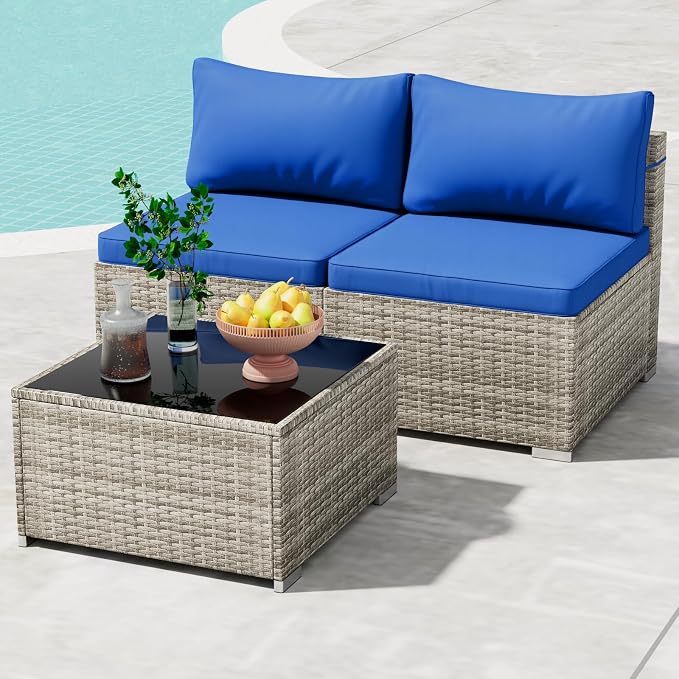 Tradare 3 Piece Patio Furniture Set, Outdoor Wicker Patio Sofa Set, PE Rattan Sectional Couch with Glass Table and Blue Cushions, All-Weather 3 Piece Outdoor Patio Furniture Sets, Grey