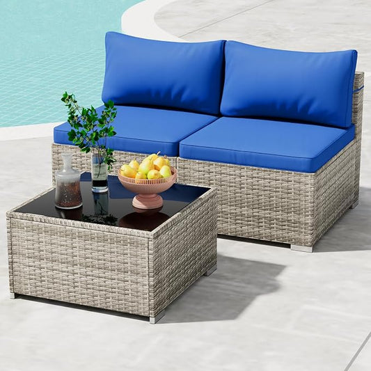 Tradare 3 Piece Patio Furniture Set, Outdoor Wicker Patio Sofa Set, PE Rattan Sectional Couch with Glass Table and Blue Cushions, All-Weather 3 Piece Outdoor Patio Furniture Sets, Grey