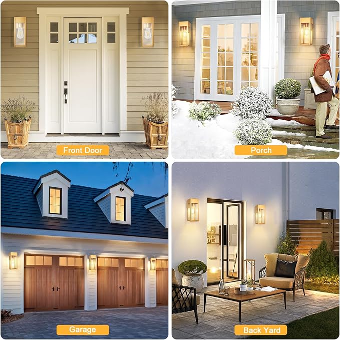 2 Pack Porch Lights Outdoor Wall Sconce, Outdoor Light with GFCI Outlet, Waterproof Exterior Wall Lantern Light Fixtures, Anti-Rust Wall Lamp with Clear Glass for Patio Doorway Garage- Gold