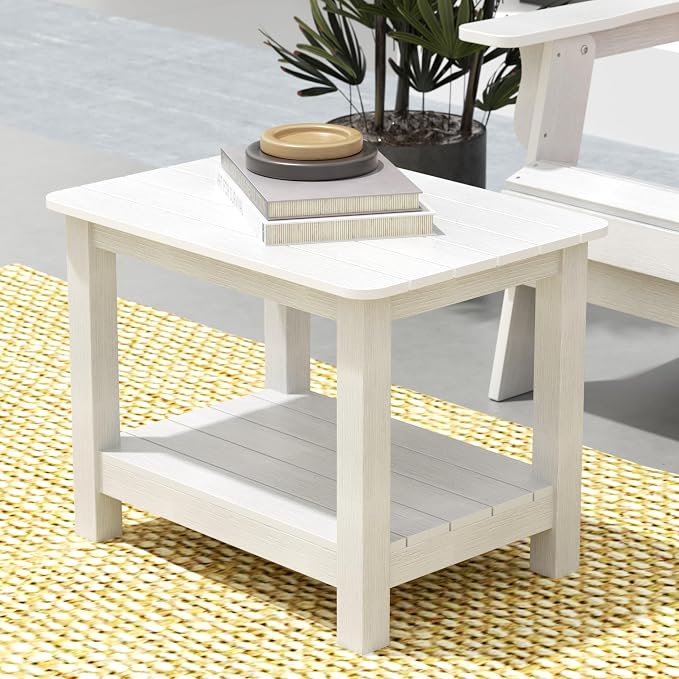 WestinTrends Tuscany Outdoor Side Table, All Weather HIPS 2 Tier Adirondack Small Patio Table with Storage, White