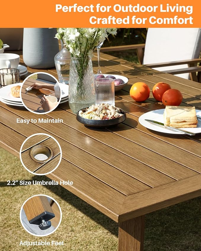7 Pieces Patio Dining Set for 6, Never-Rust Aluminum Outdoor Table and Chair Set, Outdoor Dining Set with Cushions, Outdoor Patio Table Sets with Umbrella Hole for Deck Garden Pool, Teak