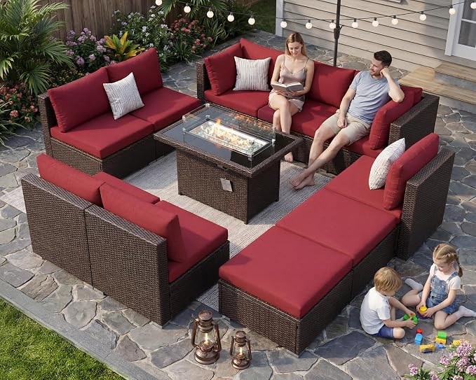BULEXYARD 11 Piece High Back Outdoor Furniture Set with Firepit, Elegant Patio Conversation Set with Ottoman Modular, Extra Wide Deep 10-Seats Sectional Couch Sofa for Yard, Brown Rattan & Red Cushion