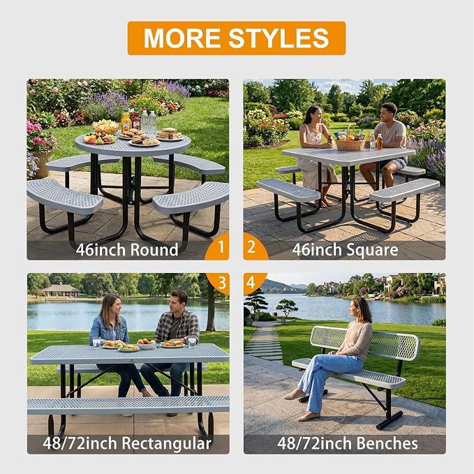 4ft Rectangular Picnic Table – Heavy-Duty Metal Mesh Outdoor Dining Table, Thermoplastic Coated Steel, Outdoor Living, Parks & Schools (Gray)