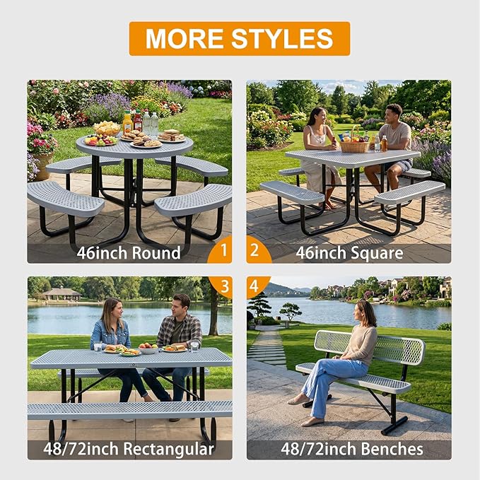 46-Inch Square Metal Outdoor Picnic Table – Commercial Heavy-Duty Steel Dining Table with Thermoplastic Coating, Weather & Rust Resistant, Ideal for Patio, Outside, Garden, Schools (Gray)
