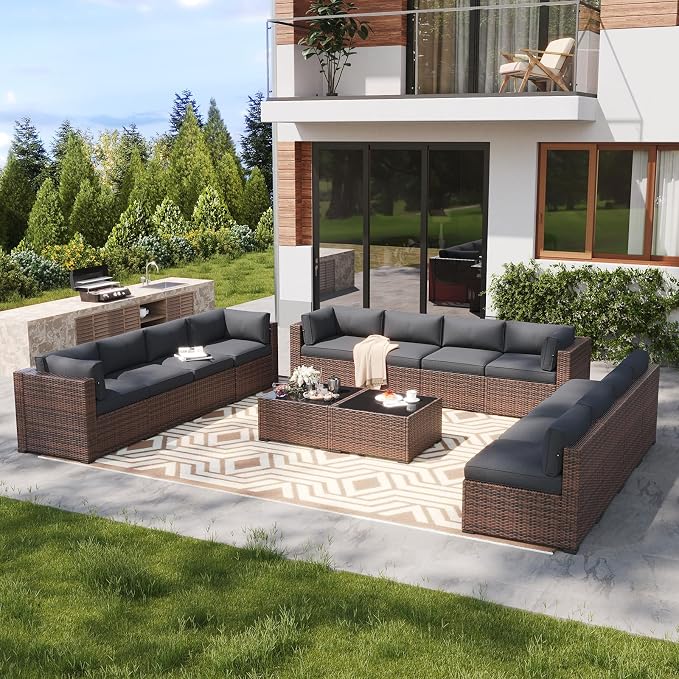 LazySunsets 14 Piece Outdoor Patio Furniture Set with Coffee Table, Outdoor Patio Furniture Sets with 4'' Thicken Cushion, Wicker Outdoor Conversation Set for Backyard & Garden, Grey