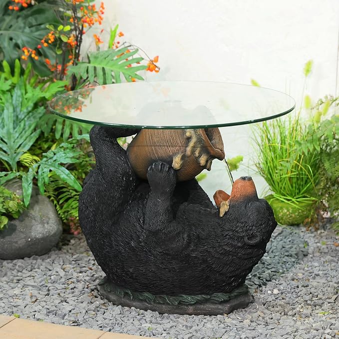 Honey-Drinking Bear Side Table with Waterfall 2-in-1 Resin Sculpture End Table Round Glass Top Indoor Outdoor for Patio, Garden, Living Room