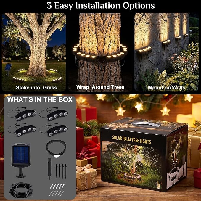Sublume Solar Tree Lights, Outdoor Ring Landscape Spotlights, Warm White | 16 COB LED, 3-in-1 (Sticked/Tied/Hang), 33FT Cable, IP65 Waterproof, 4000Mah Uplights for PalmTree, Flag Pole, Garden