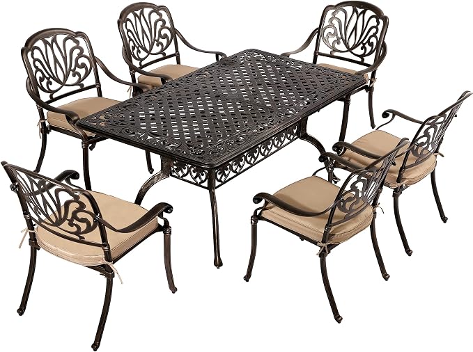 TITIMO 7-Piece Cast Aluminum Patio Dining Set, Outdoor Dining Furniture Patio Conversation Set, Rectangular Table w/Umbrella Hole for Backyard Deck Poolside (Khaki-Fixed Elizabeth Chair, 7 Pcs)