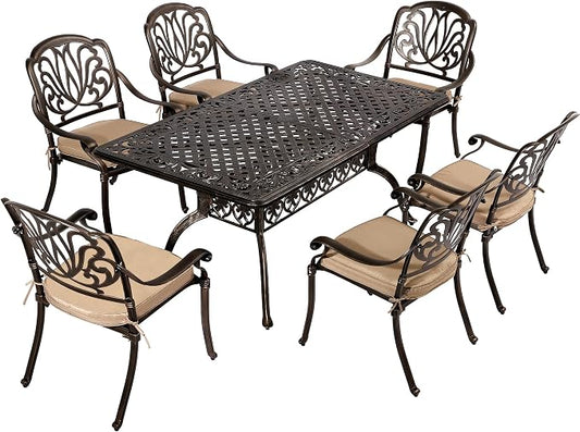 TITIMO 7-Piece Cast Aluminum Patio Dining Set, Outdoor Dining Furniture Patio Conversation Set, Rectangular Table w/Umbrella Hole for Backyard Deck Poolside (Khaki-Fixed Elizabeth Chair, 7 Pcs)