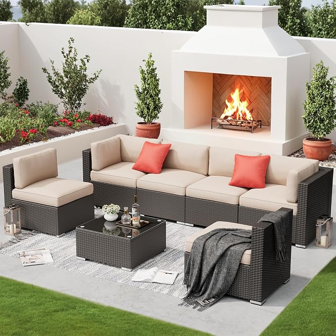 SUNCROWN 7-Piece Outdoor Patio Furniture Sofa Set All-Weather Black Wicker Sectional Conversation Set with Modern Glass Coffee Table and Cushions, Backyard, Garden, Poolside, Brown