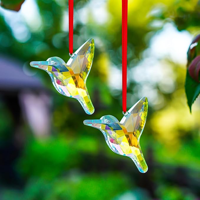 2 Pcs 3 Inch AB Coating Crystal Hummingbird Suncatcher Hanging Window Decor | AB Colored Crystal Glass Hummingbird Prisms Sun Catchers Hanging Pendants Set of 2 for Window Garden Christmas Tree Decor