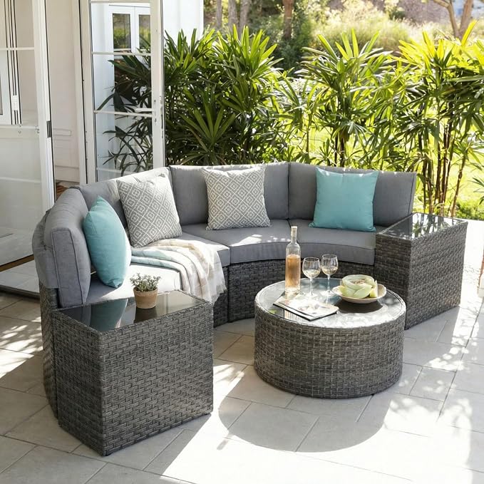 SUNSITT Outdoor 7-Piece Half-Moon Sectional Furniture Set with Round Coffee Table, Patio Curved Sofa Set, Grey Cushion and Grey Wicker, Incl. Waterproof Cover