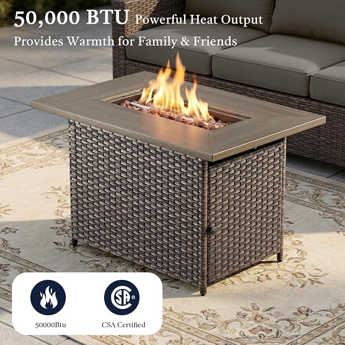 Patio Furniture Set with 41" Fire Pit Table - High Back Patio Conversation Set with 4 Inch Thick Cushions and Deep Seating Swivel Glider Chairs & Outdoor Couch for Porch Deck Yard Pool Brown