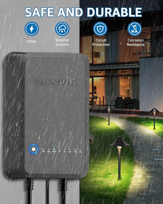 SUNVIE 100W Low Voltage Transformer Outdoor, 120V to 12V DC Weatherproof | Timer & Photocell Sensor, Low Voltage Landscape Transformer Landscape Lighting Transformer for Outdoor Spotlights Path Lights