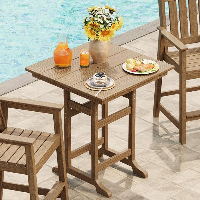 Takywep 31.5" Square HDPE Wood Grain Outdoor Bar Table, 39.6" High Weatherproof Pub Table for Patio and Poolside, Tall Bistro Table with 300 Lb Weight Capacity and Umbrella Hole, Brown
