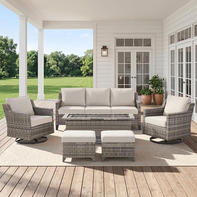 Belord Patio Wicker Swivel Rocker Patio Chairs with Coffee Table and 3-Seater Sofa, Outdoor Furniture Set for Deck Porch Garden, 6 Piece Luxury Patio Furniture Set, Beige