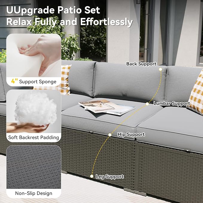 Aoxun Patio Furniture Set with Umbrella, 8 Piece Outdoor Sectional Sofas, Wicker Rattan Outdoor Furniture with Thickened Cushion for Backyard, Garden Light Grey