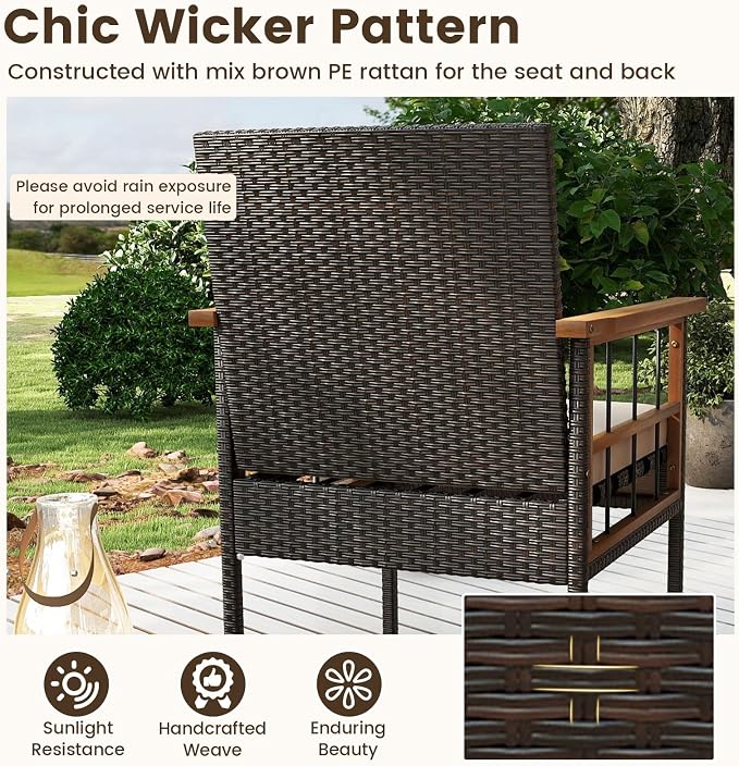 Tangkula 4 Pieces Wicker Patio Conversation Furniture Set, Outdoor Rattan Cushioned Armchairs & Coffee Table Set with Acacia Wood Tabletop for Backyard, Porch, Balcony (Off White)
