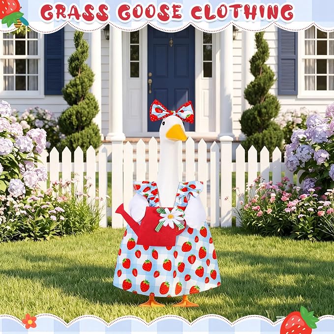 FuWeave Summer Strawberry Goose Outfit Flower Porch Goose Clothes for 23" Large Statue Outdoor Patio Yard Lawn Art Decoration