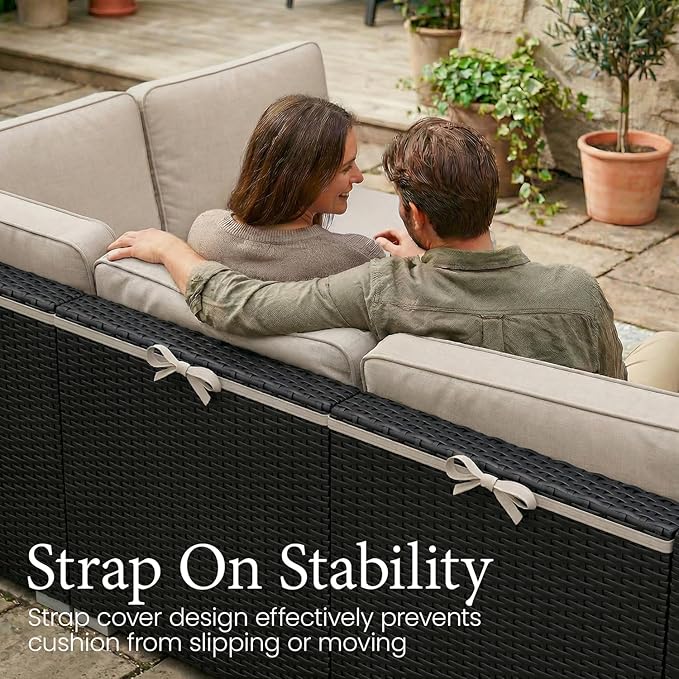 LayinSun 8 Piece Patio Furniture Set with 44" Propane Gas Fire Pit Table, Outdoor Sectional Conversation Set Wicker Rattan Sofa Set with Coffee Table
