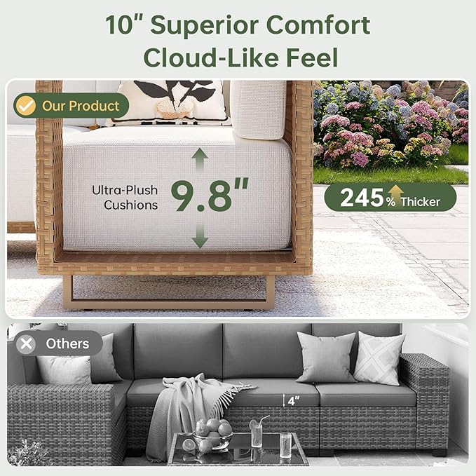 Aoxun Patio Furniture Set, 4 Piece Outdoor Wicker Sectional Sofa, All‑Weather Rattan Modular Sofa with 10'' Ultra‑Thick Cushions, Outdoor Conversation Set for Backyard, Poolside & Garden, Yellow/Beige