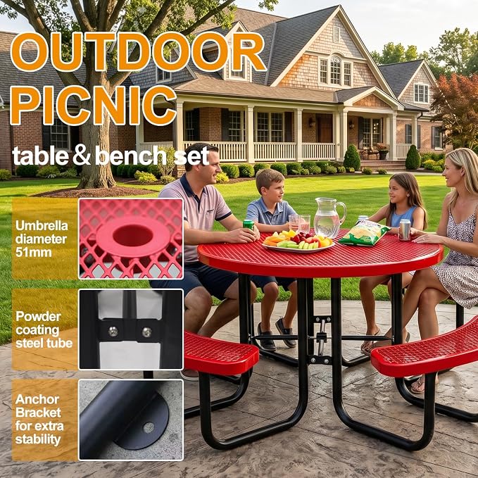 46In Round Outdoor Picnic Table – Heavy-Duty Commercial Steel Table with Thermoplastic Coating, Weatherproof & Rust-Resistant, Perfect for Parks, Patios, Schools & Campgrounds (red)
