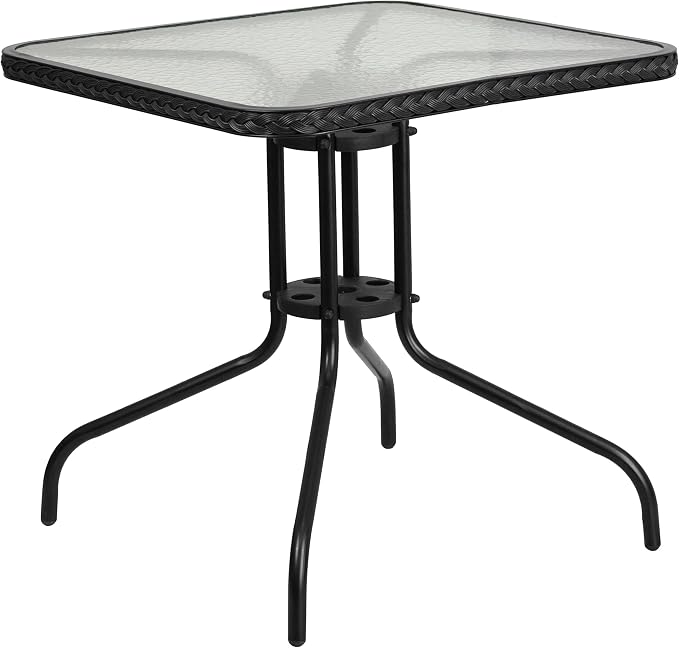 EMMA + OLIVER 28" Square Tempered Glass Metal Table with Black Rattan Edge